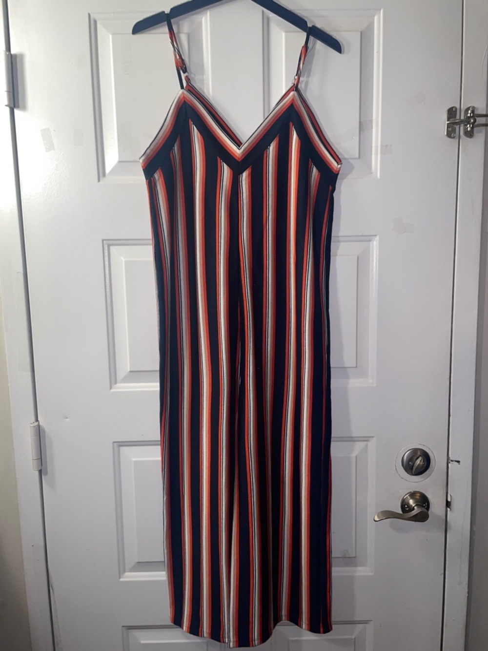 Eyeshadow Navy Stripe Jumpsuit with Red and White Stripes